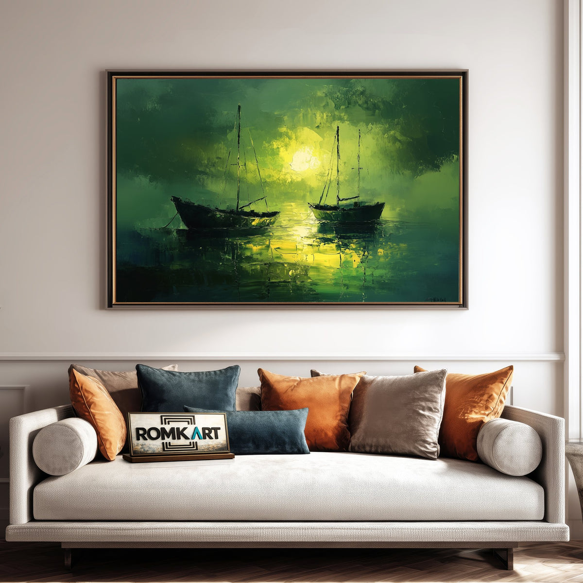 Boats on Lake Maritime Oil Painting - image 4
