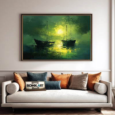 Boats on Lake Maritime Oil Painting - image 4
