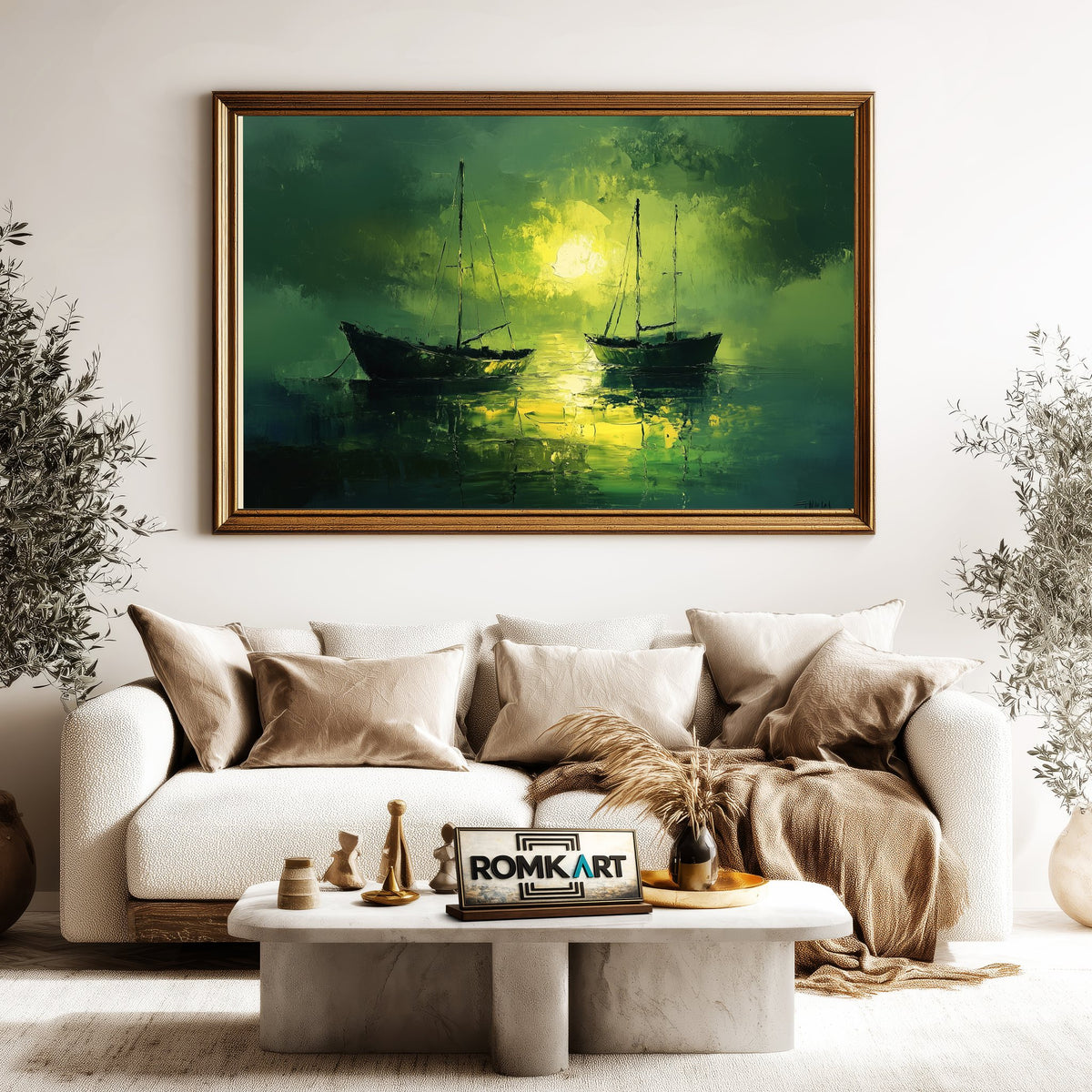 Boats on Lake Maritime Oil Painting - image 5