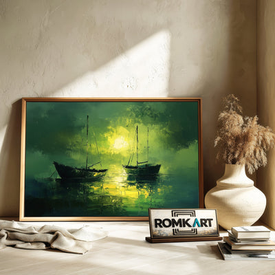 Boats on Lake Maritime Oil Painting - image 6