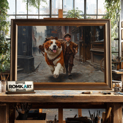 Boy and Saint Bernard Dog Figurative Oil Painting - image 2