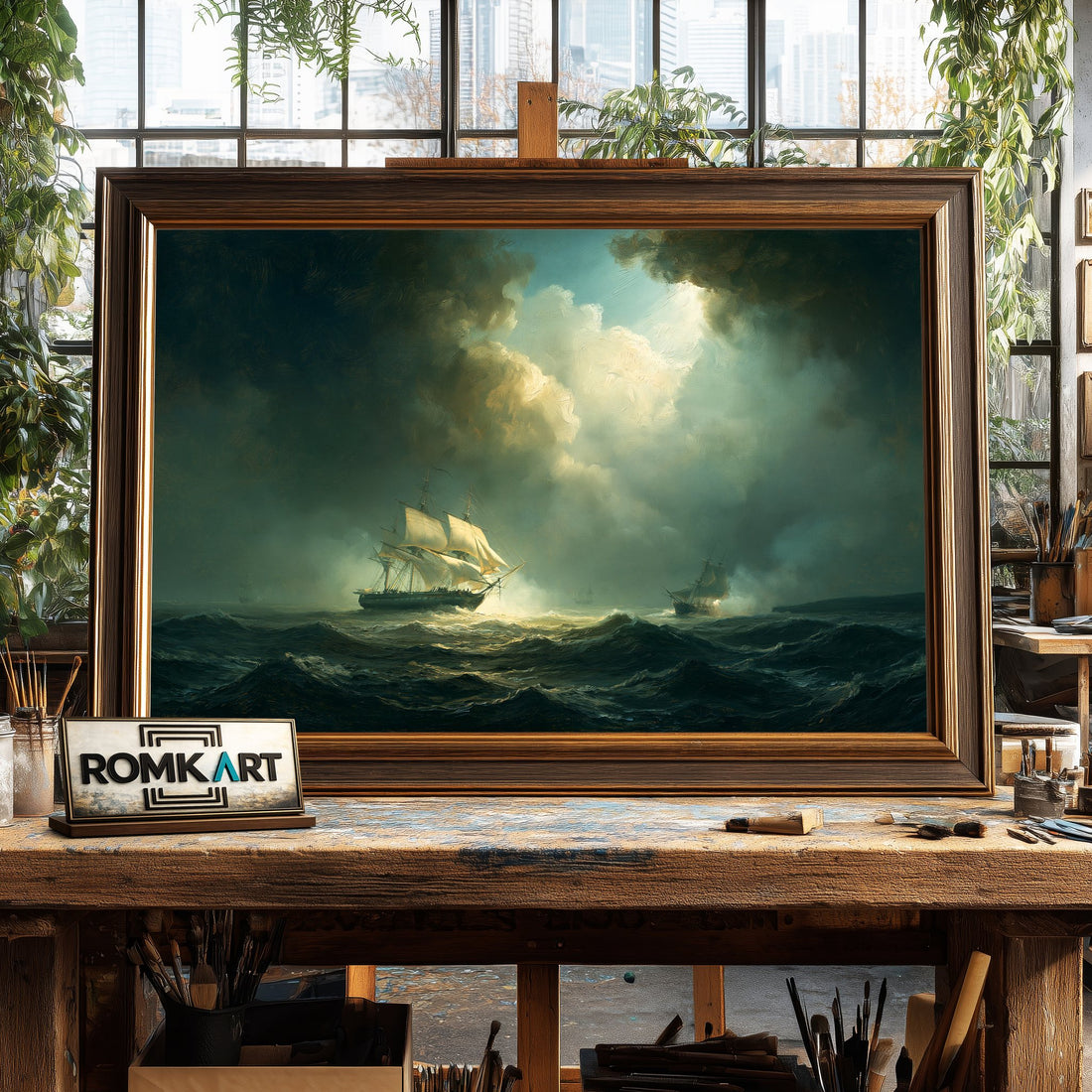 British Frigate Attacking a Pirate - Hand-Painted Oil Painting - View 1