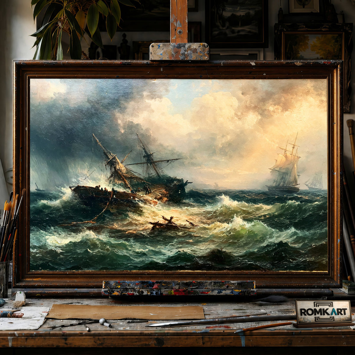 Broken Ship in Stormy Sea - Hand-Painted Oil Painting - View 1