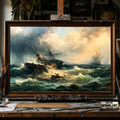 Broken Ship in Stormy Sea - Hand-Painted Oil Painting - View 1