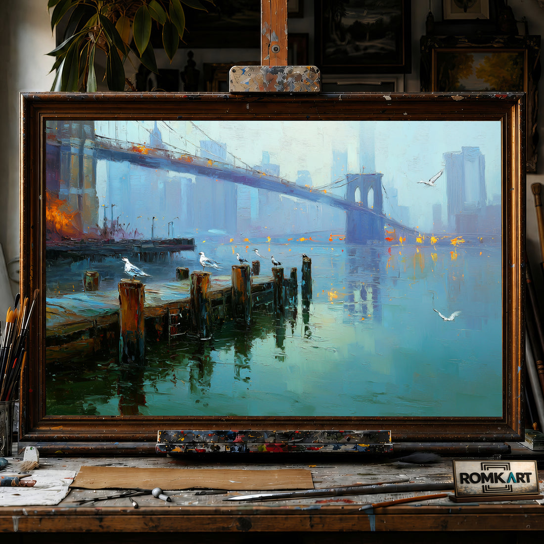 Brooklyn Bridge Waterfront hand-painted oil painting on canvas