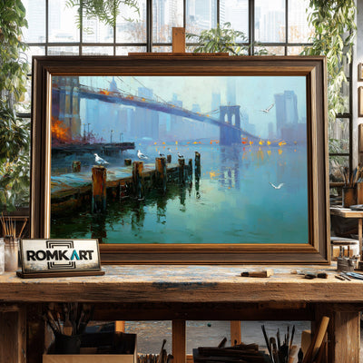 Brooklyn Bridge Waterfront Harbor Seascape Oil Painting - image 2