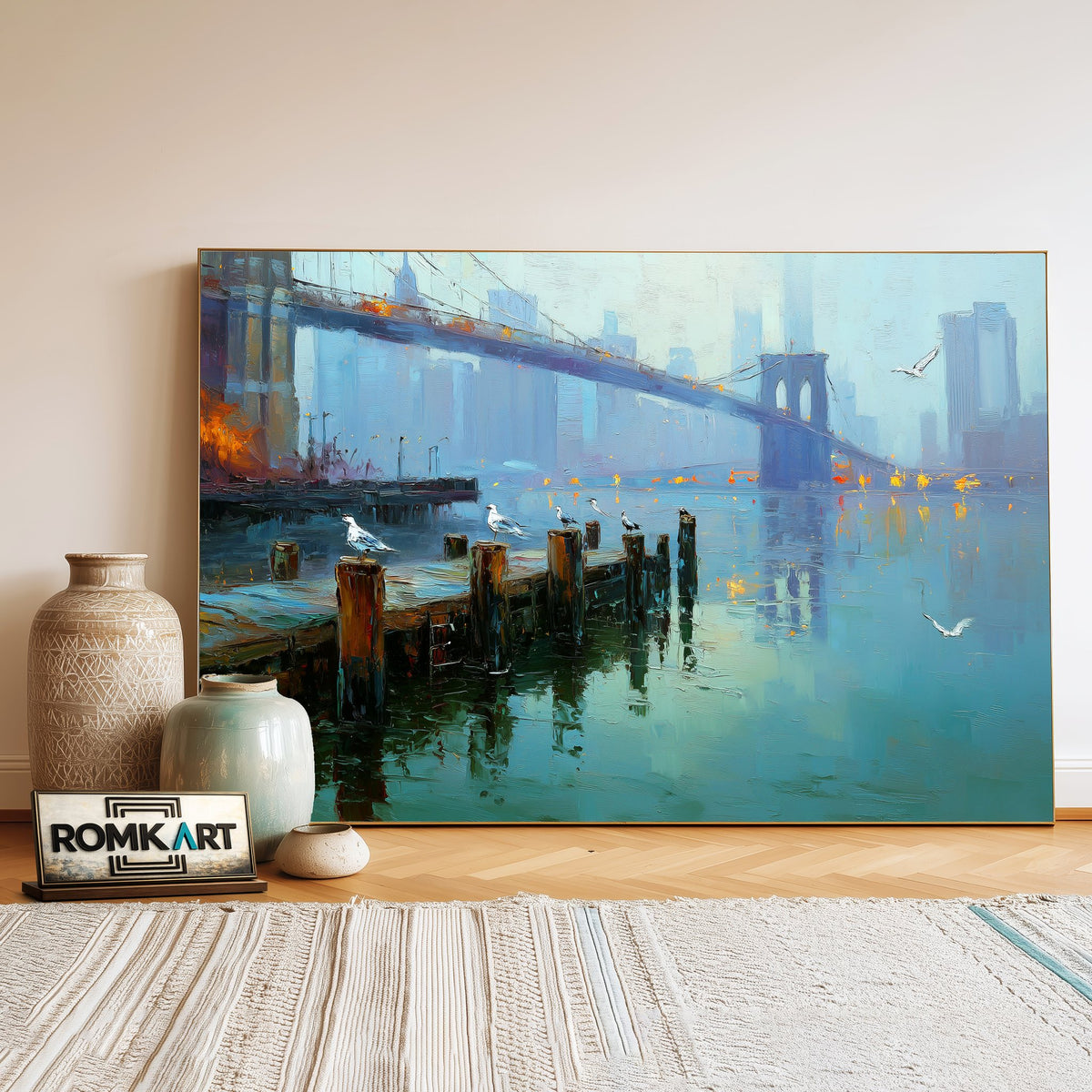 Brooklyn Bridge Waterfront Harbor Seascape Oil Painting - image 3