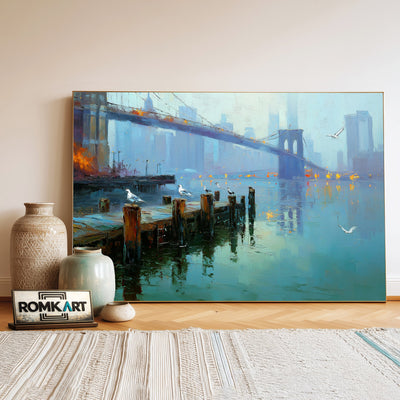 Brooklyn Bridge Waterfront Harbor Seascape Oil Painting - image 3