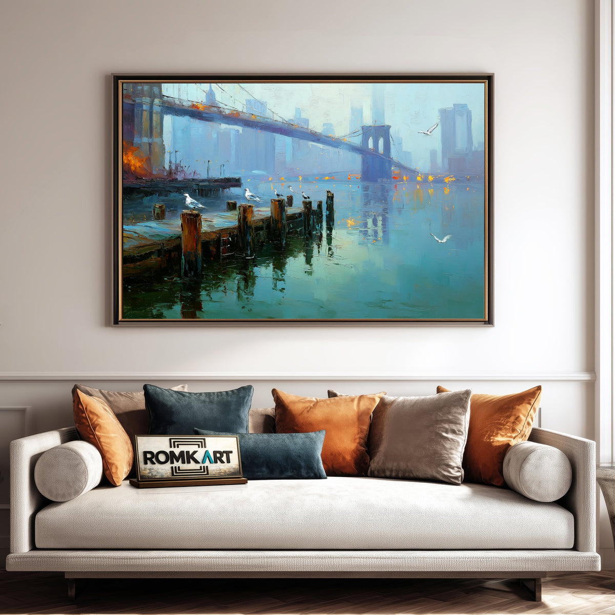 Brooklyn Bridge Waterfront Harbor Seascape Oil Painting - image 4