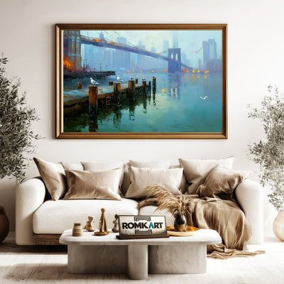 Brooklyn Bridge Waterfront Harbor Seascape Oil Painting - image 5