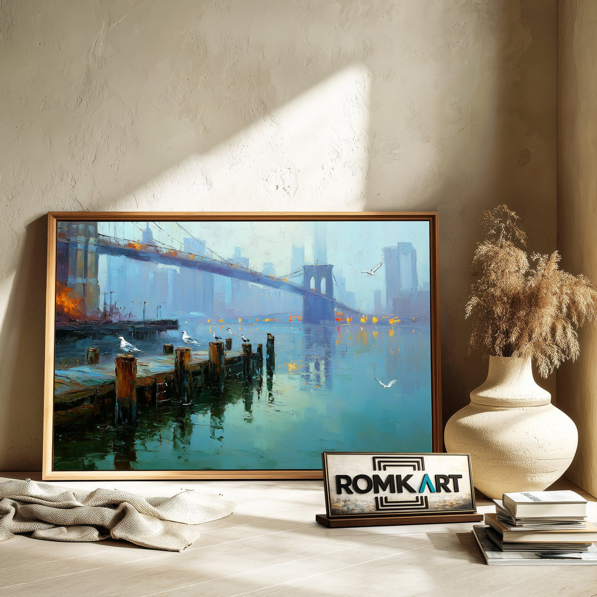 Brooklyn Bridge Waterfront Harbor Seascape Oil Painting - image 6