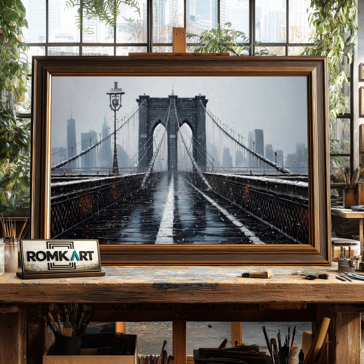 Brooklyn Bridge Winter Snowfall Architectural Oil Painting - image 2
