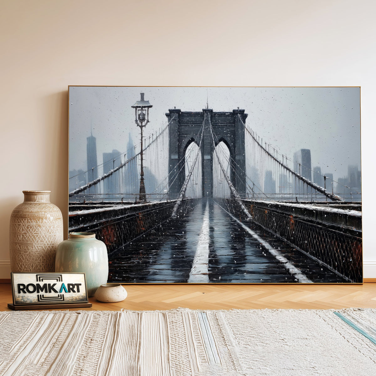 Brooklyn Bridge Winter Snowfall Architectural Oil Painting - image 3