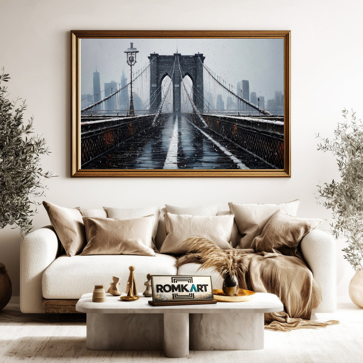 Brooklyn Bridge Winter Snowfall Architectural Oil Painting - image 5