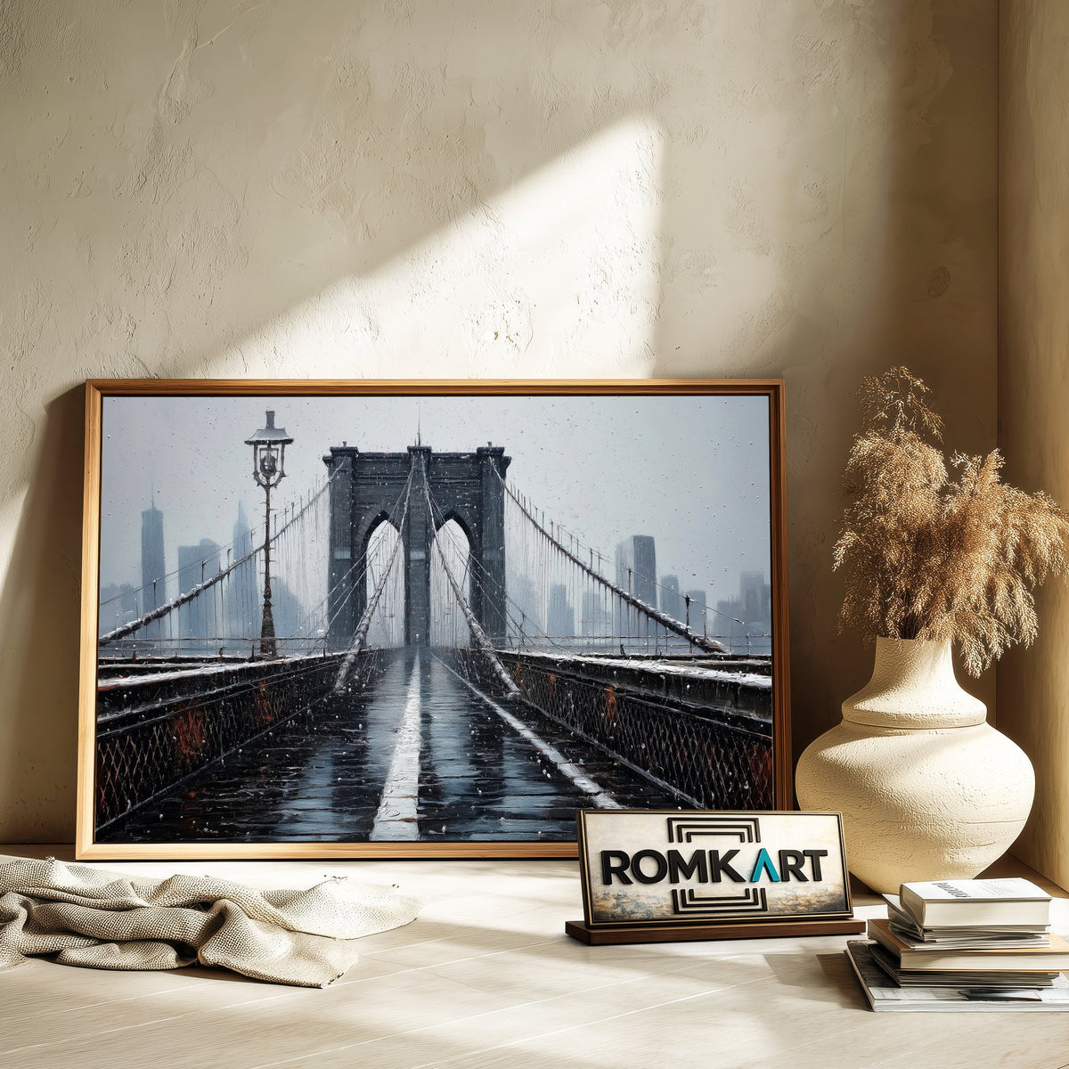 Brooklyn Bridge Winter Snowfall Architectural Oil Painting - image 6