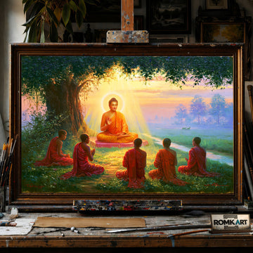 Buddha teaching Ananda and monks - Hand-Painted Oil Painting - View 1