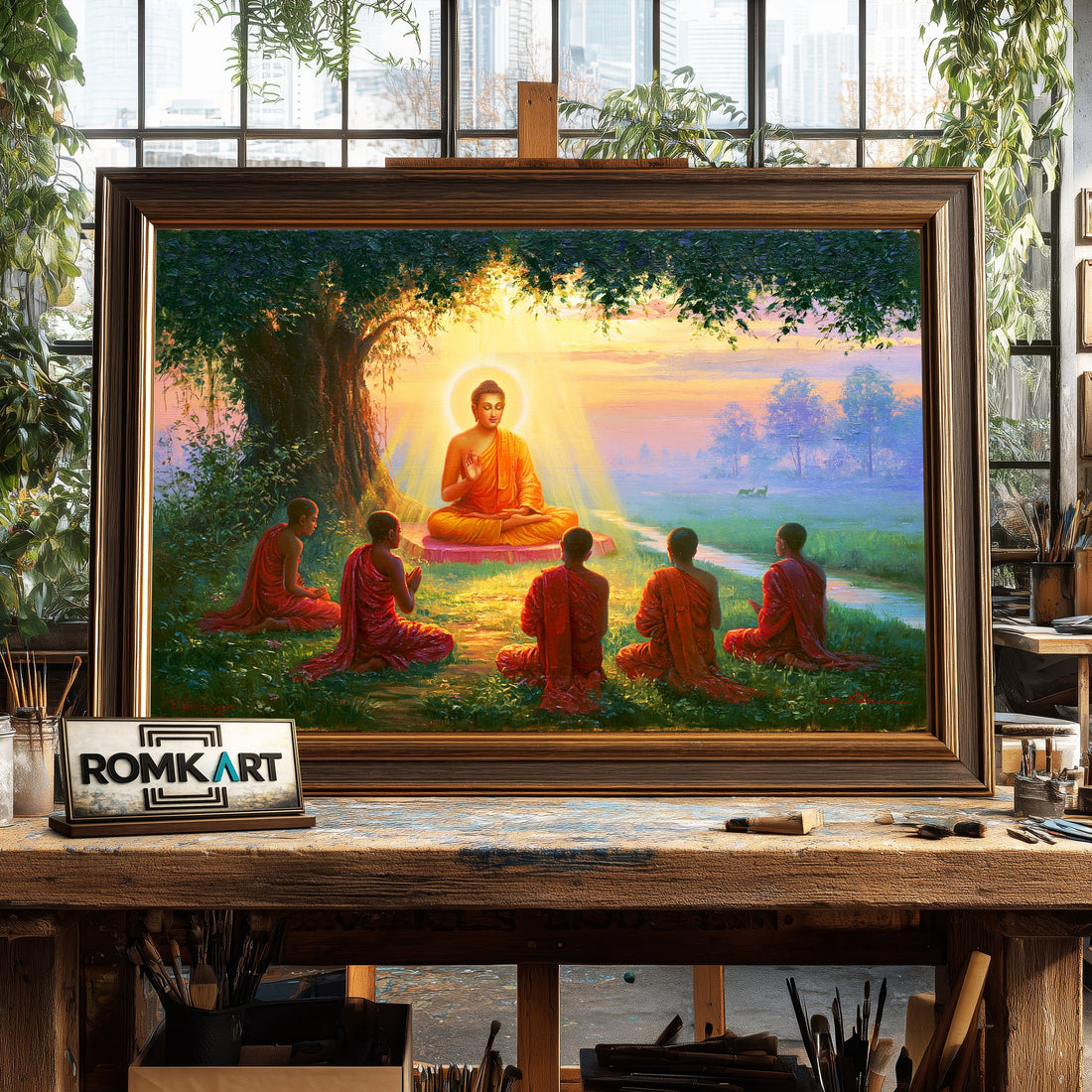 Buddha teaching Ananda and monks - Hand-Painted Oil Painting - View 1