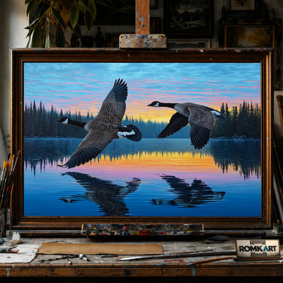 Canada Geese in Northern Lake hand-painted oil painting on canvas