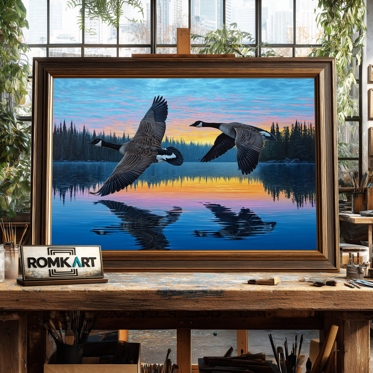 Canada Geese in Northern Lake Waterscape Oil Painting - image 2