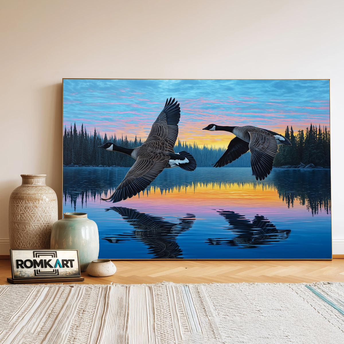 Canada Geese in Northern Lake Waterscape Oil Painting - image 3