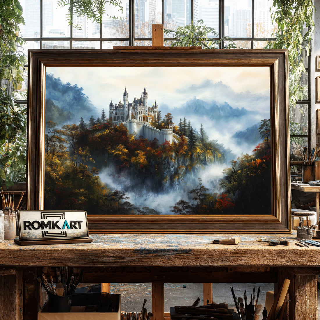 Castle Atop a Forested Hill hand-painted oil painting on canvas