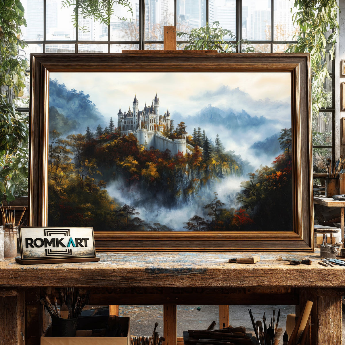 Castle Atop a Forested Hill Architectural Oil Painting - image 2