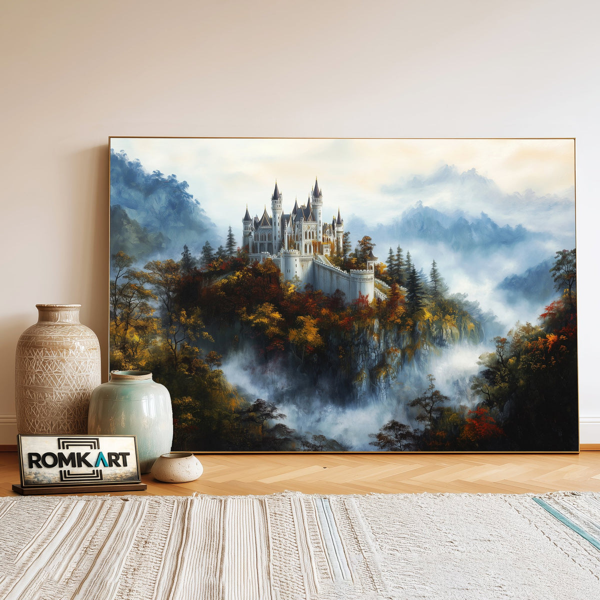 Castle Atop a Forested Hill Architectural Oil Painting - image 3