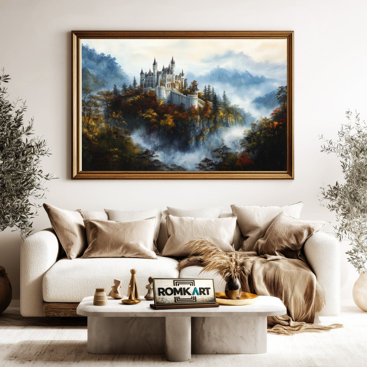 Castle Atop a Forested Hill Architectural Oil Painting - image 5