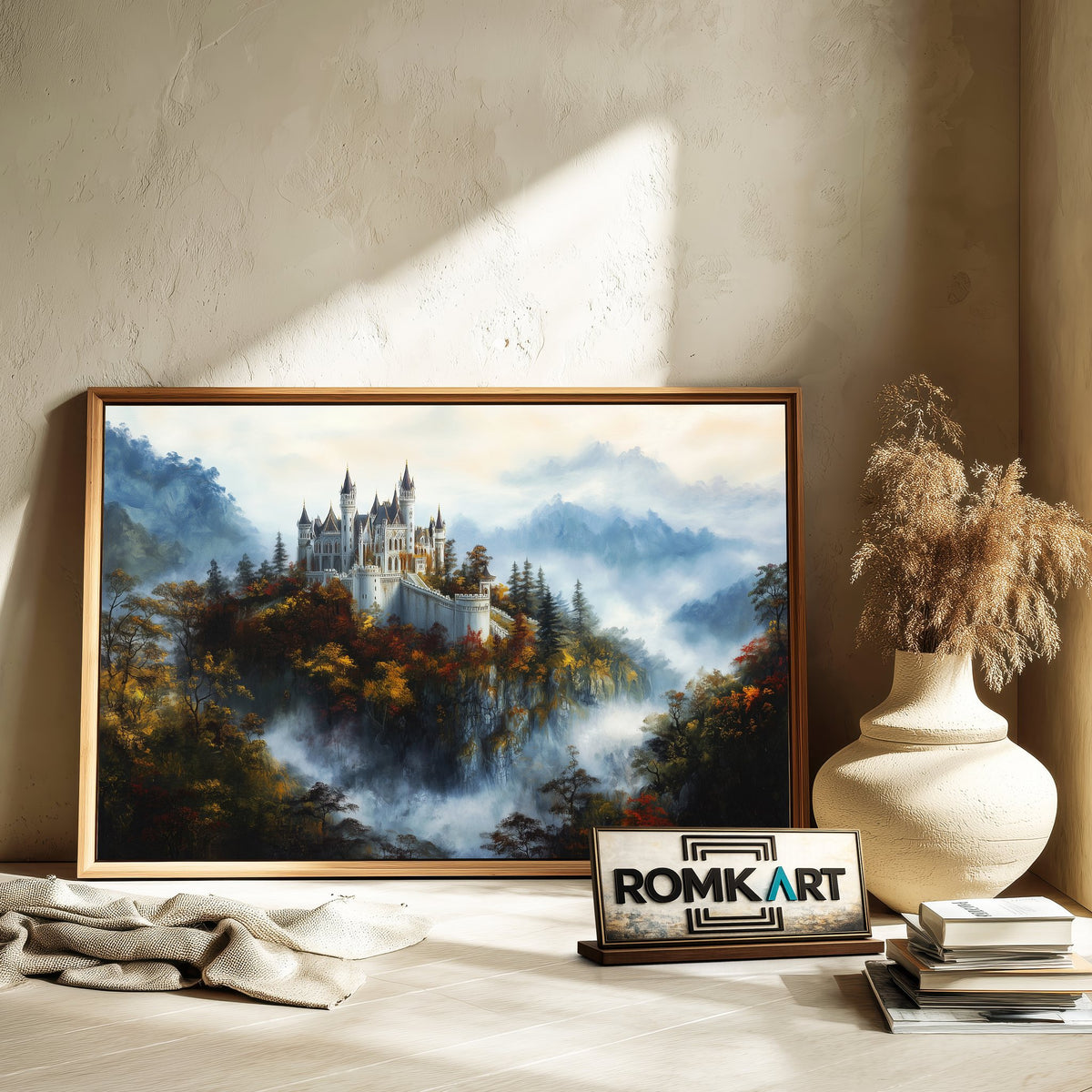 Castle Atop a Forested Hill Architectural Oil Painting - image 6