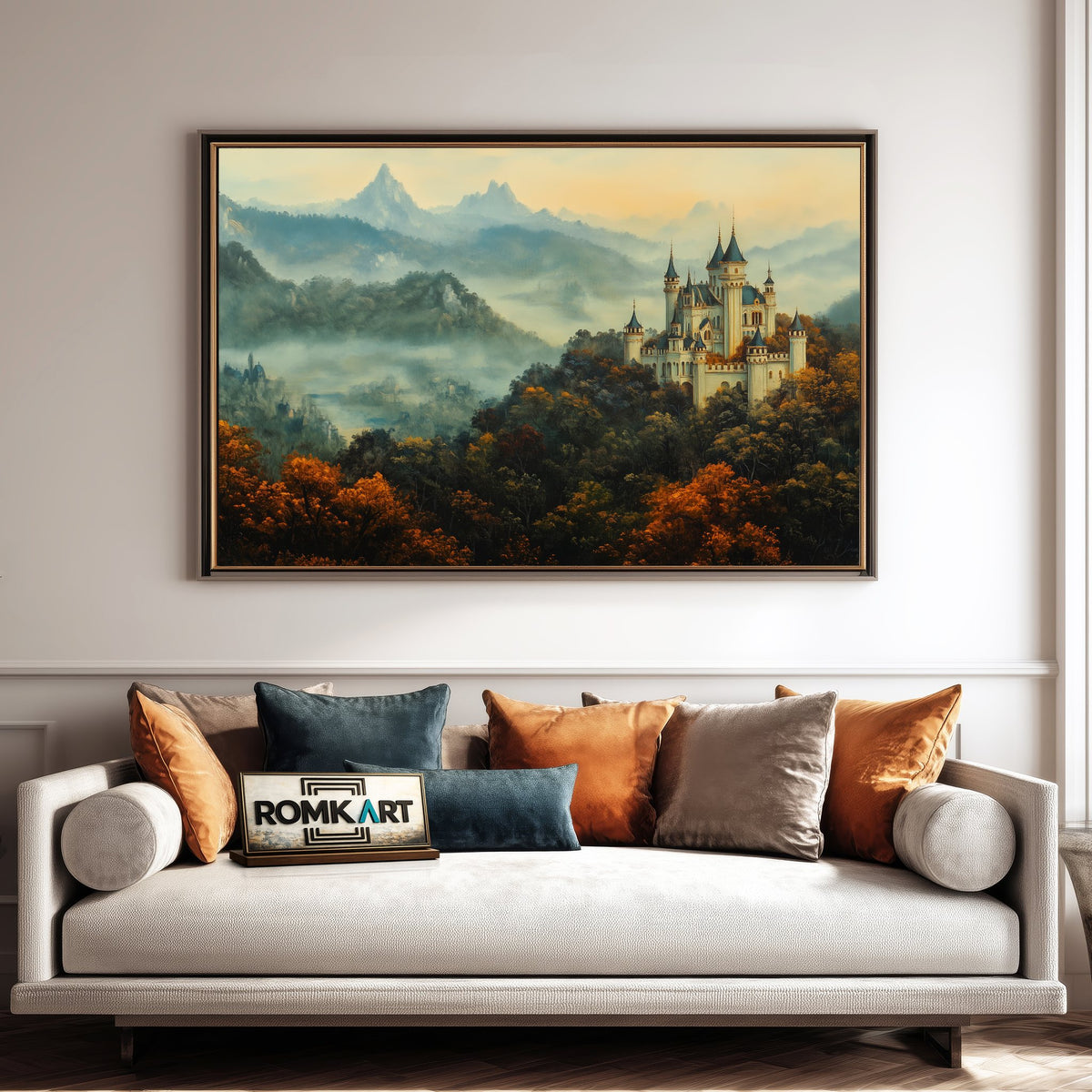 Castle Atop Forested Hill Architectural Oil Painting - image 4