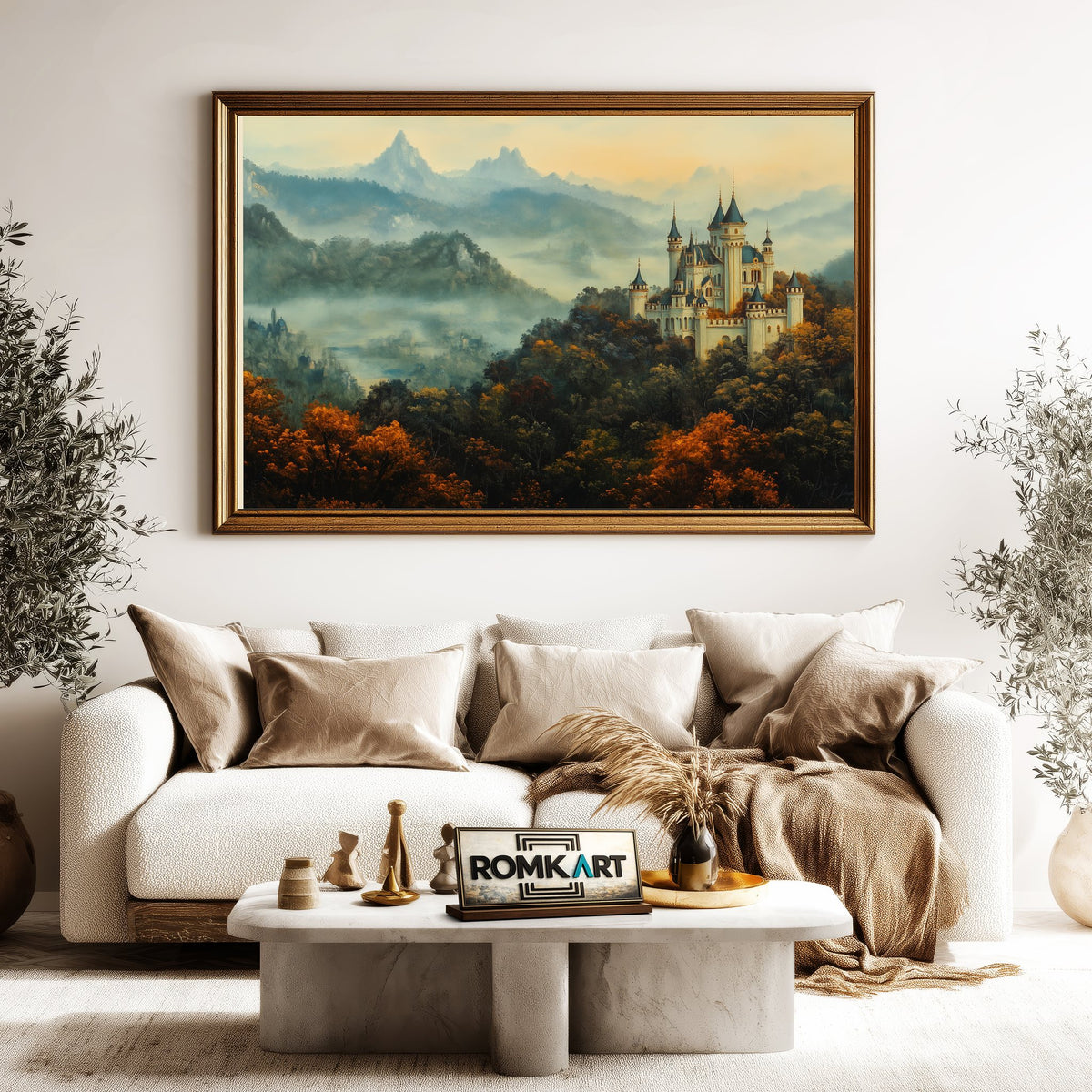 Castle Atop Forested Hill Architectural Oil Painting - image 5