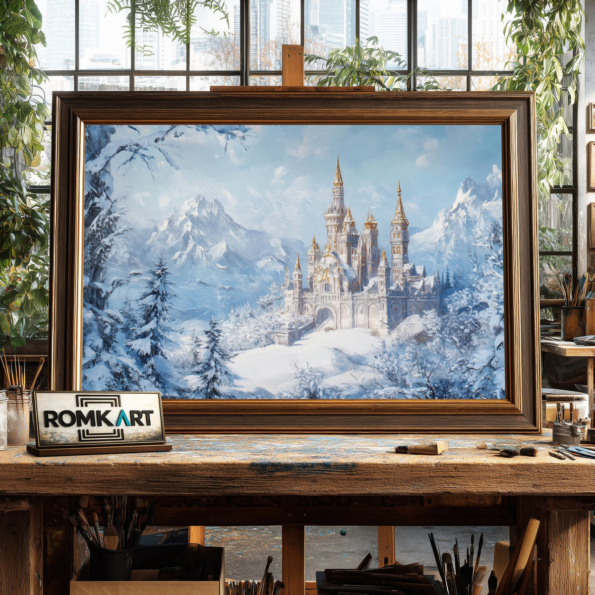 Castle in Winter Snow Architectural Oil Painting - image 2