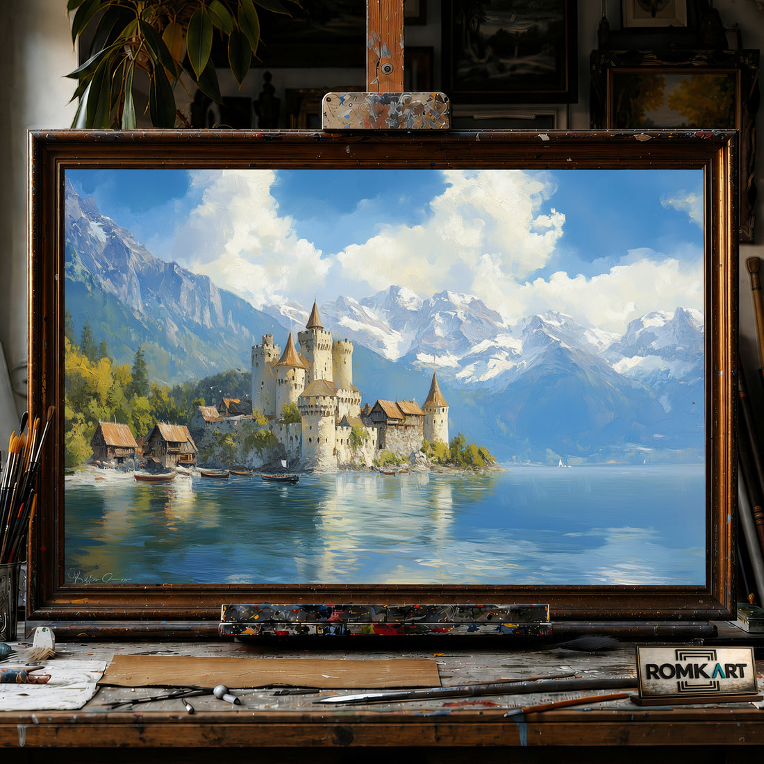 Castle on the Shores Tranquil Lake hand-painted oil painting on canvas