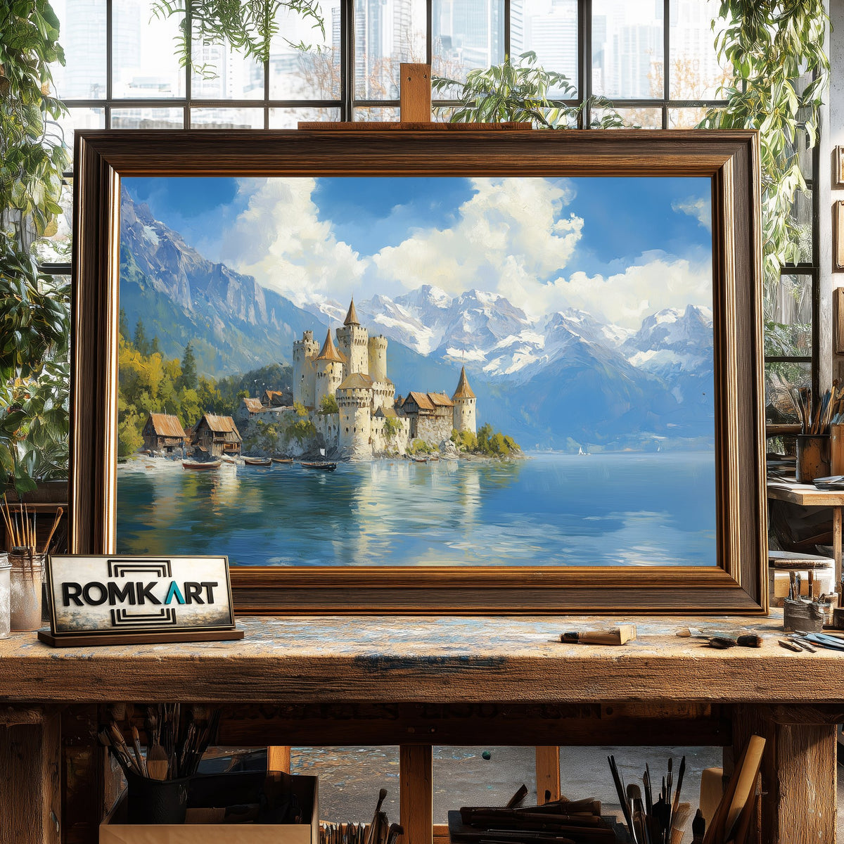 Castle on the Shores Tranquil Lake Waterscape Oil Painting - image 2