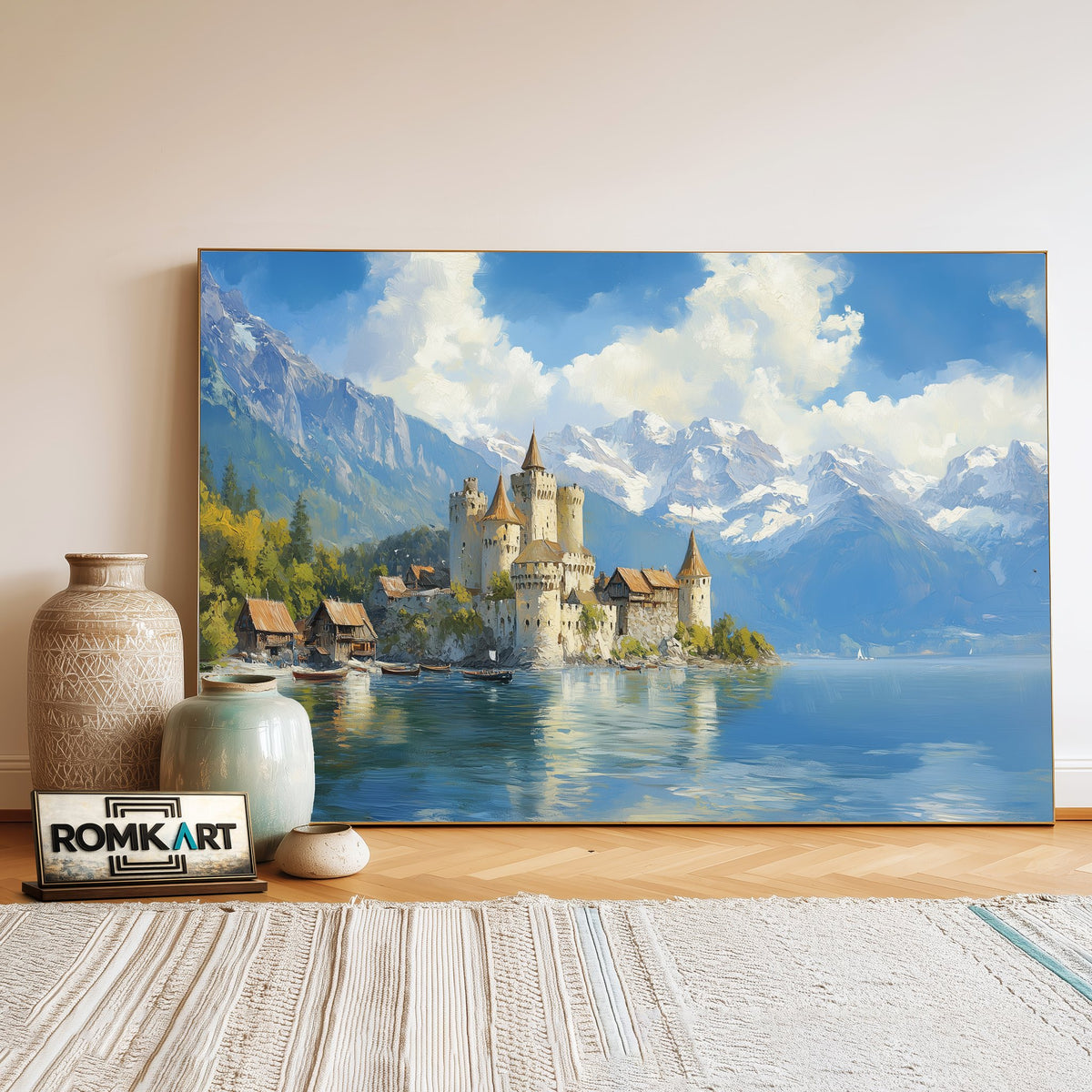 Castle on the Shores Tranquil Lake Waterscape Oil Painting - image 3