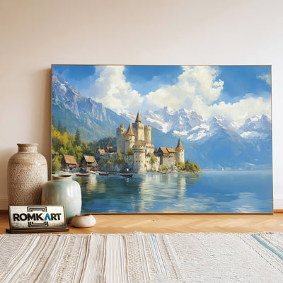 Castle on the Shores Tranquil Lake Waterscape Oil Painting - image 3