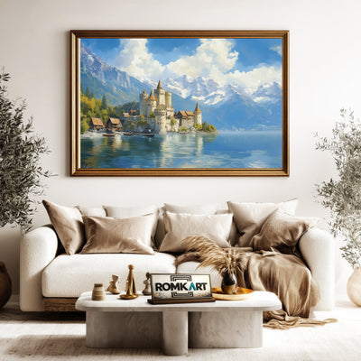 Castle on the Shores Tranquil Lake Waterscape Oil Painting - image 5