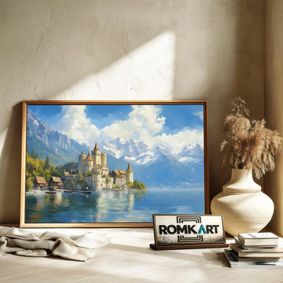 Castle on the Shores Tranquil Lake Waterscape Oil Painting - image 6