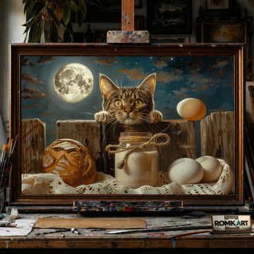 Cat and Moon hand-painted oil painting on canvas