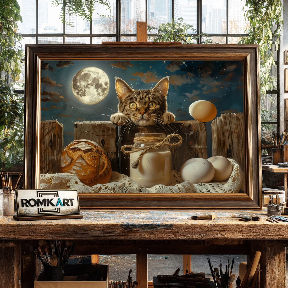 Cat and Moon hand-painted oil painting on canvas