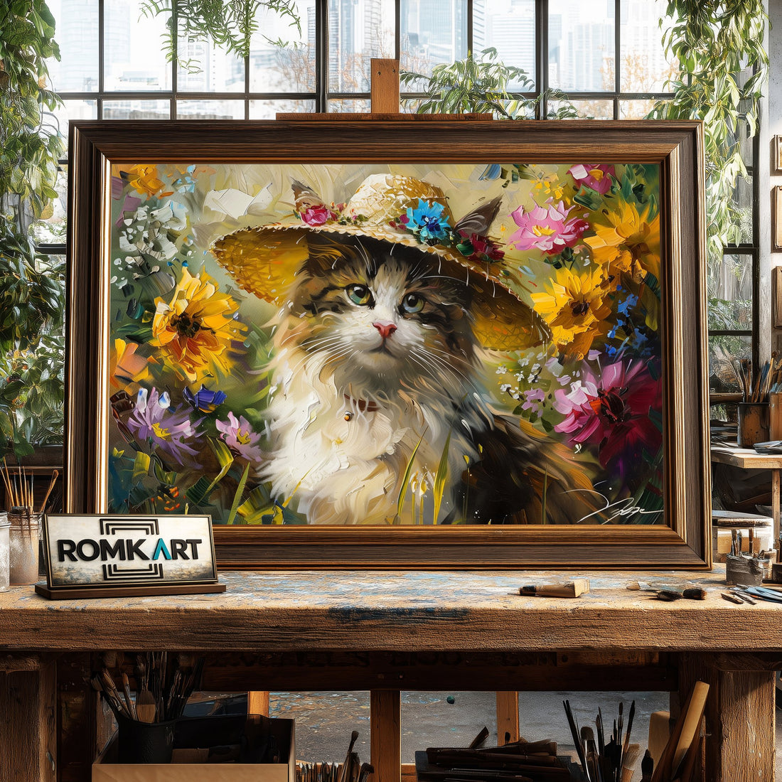 Cat with Hat hand-painted oil painting on canvas