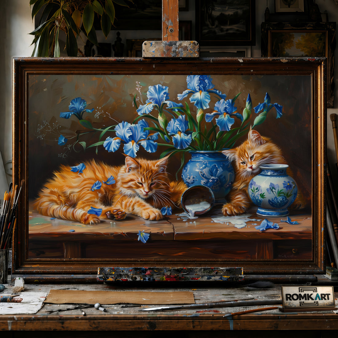 Cats and Blue Irises hand-painted oil painting on canvas