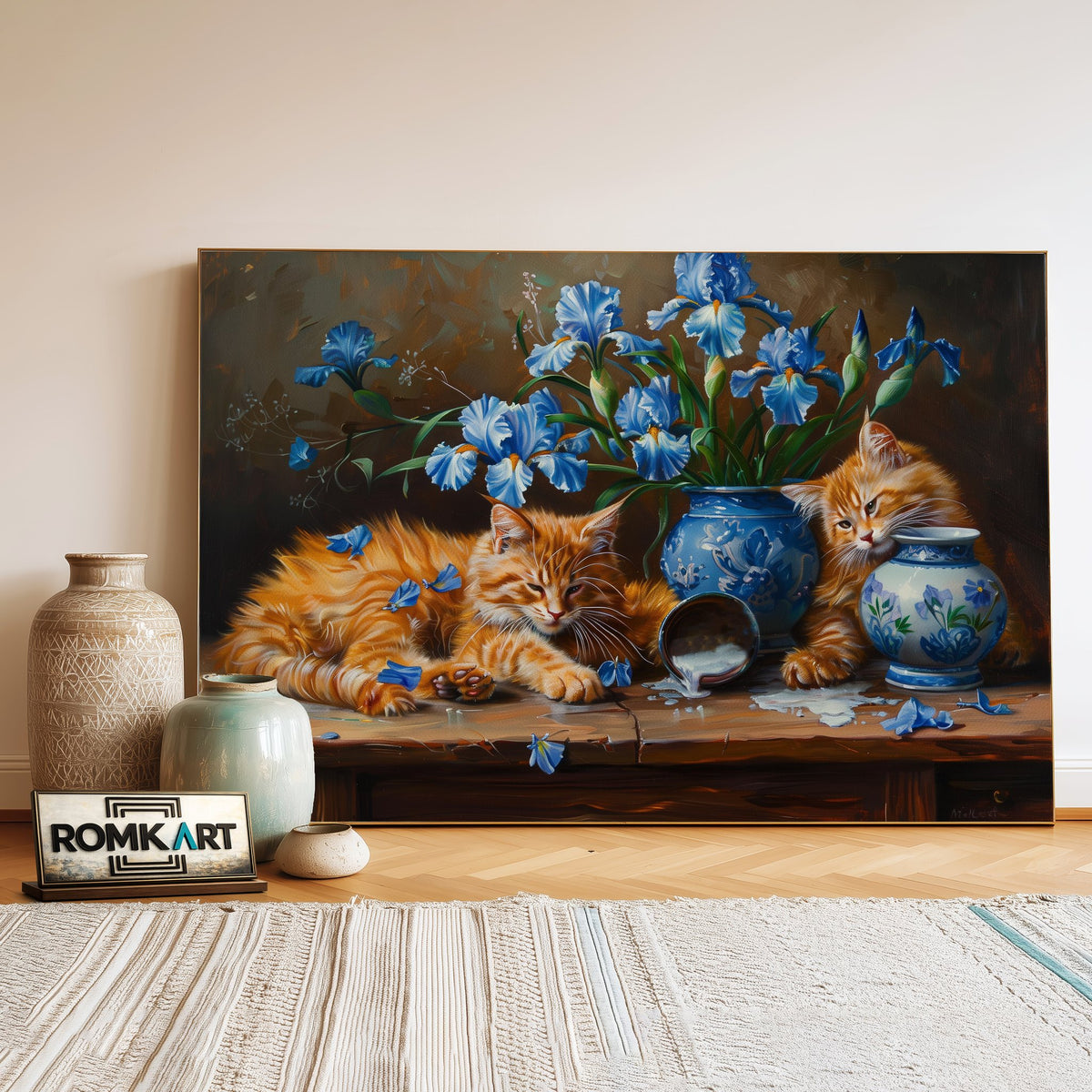 Cats and Blue Irises Oil Painting - image 3