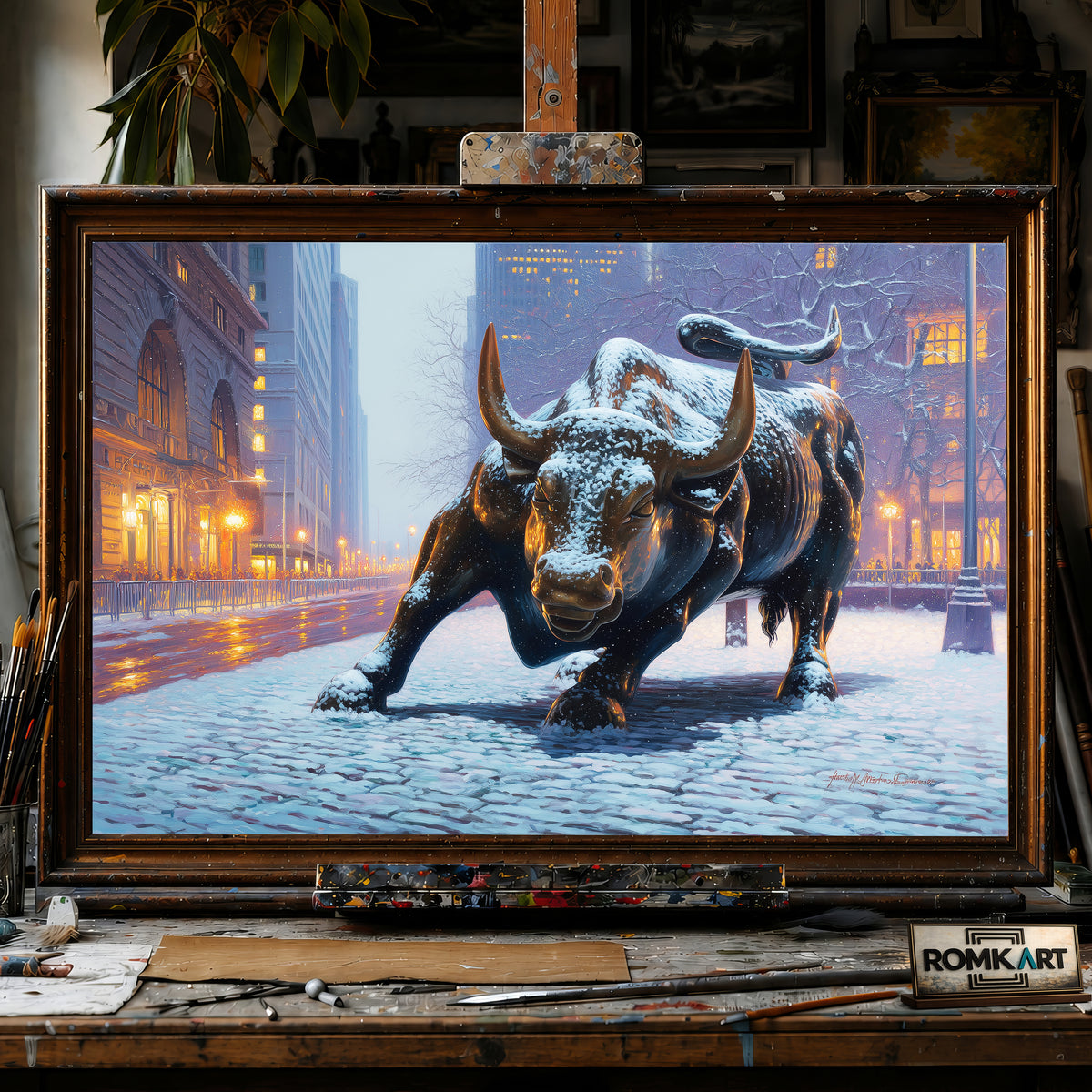 Charging Bull Fresh Snow hand-painted oil painting on canvas
