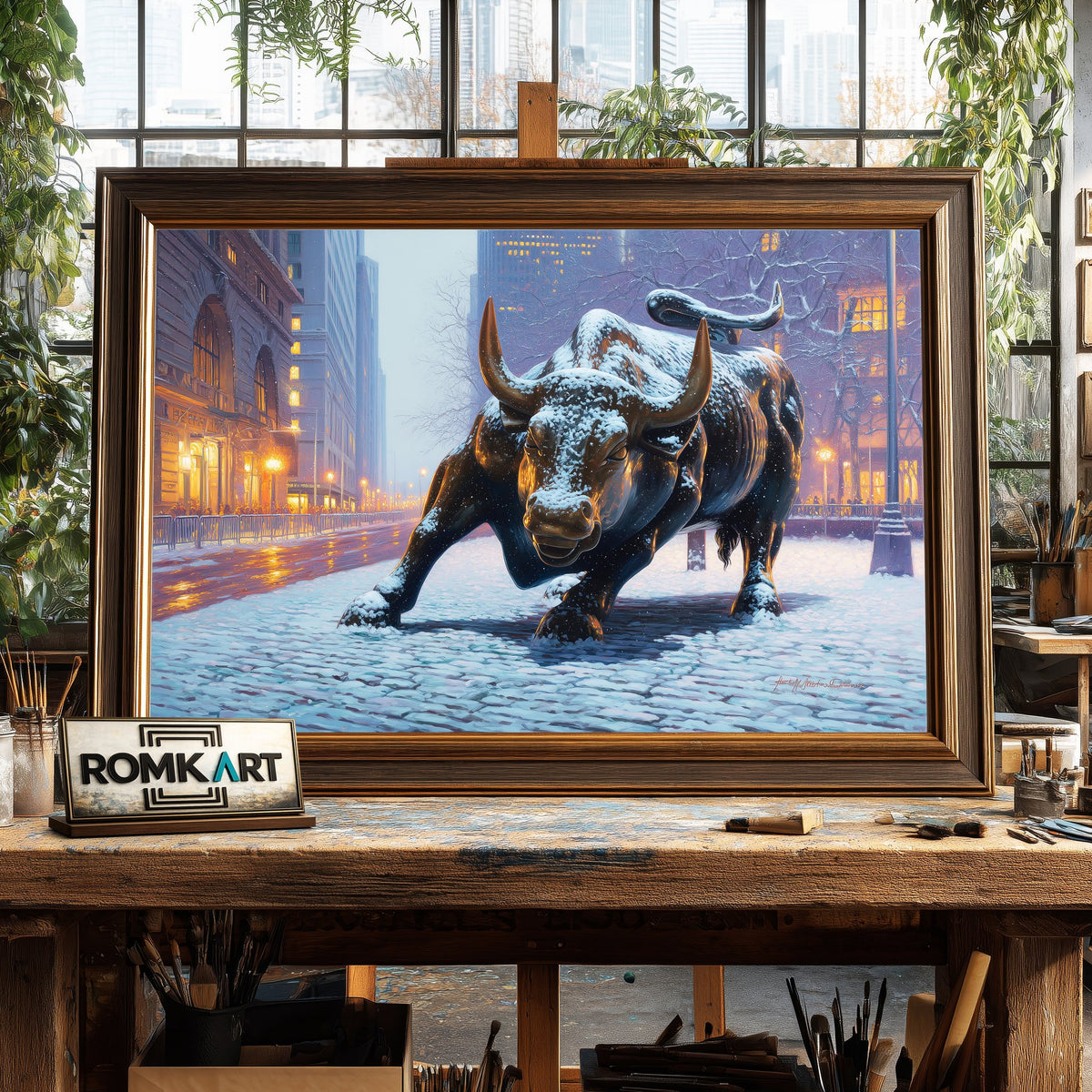 Charging Bull Fresh Snow Cityscape Oil Painting - image 2