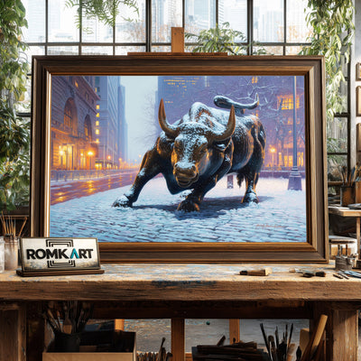 Charging Bull Fresh Snow Cityscape Oil Painting - image 2