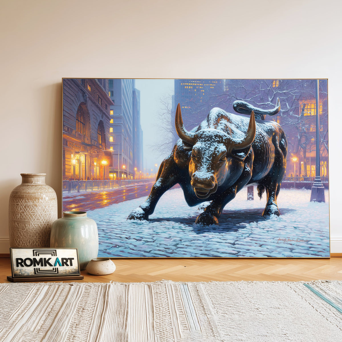 Charging Bull Fresh Snow Cityscape Oil Painting - image 3