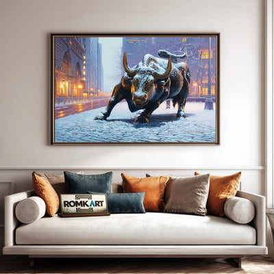 Charging Bull Fresh Snow Cityscape Oil Painting - image 4