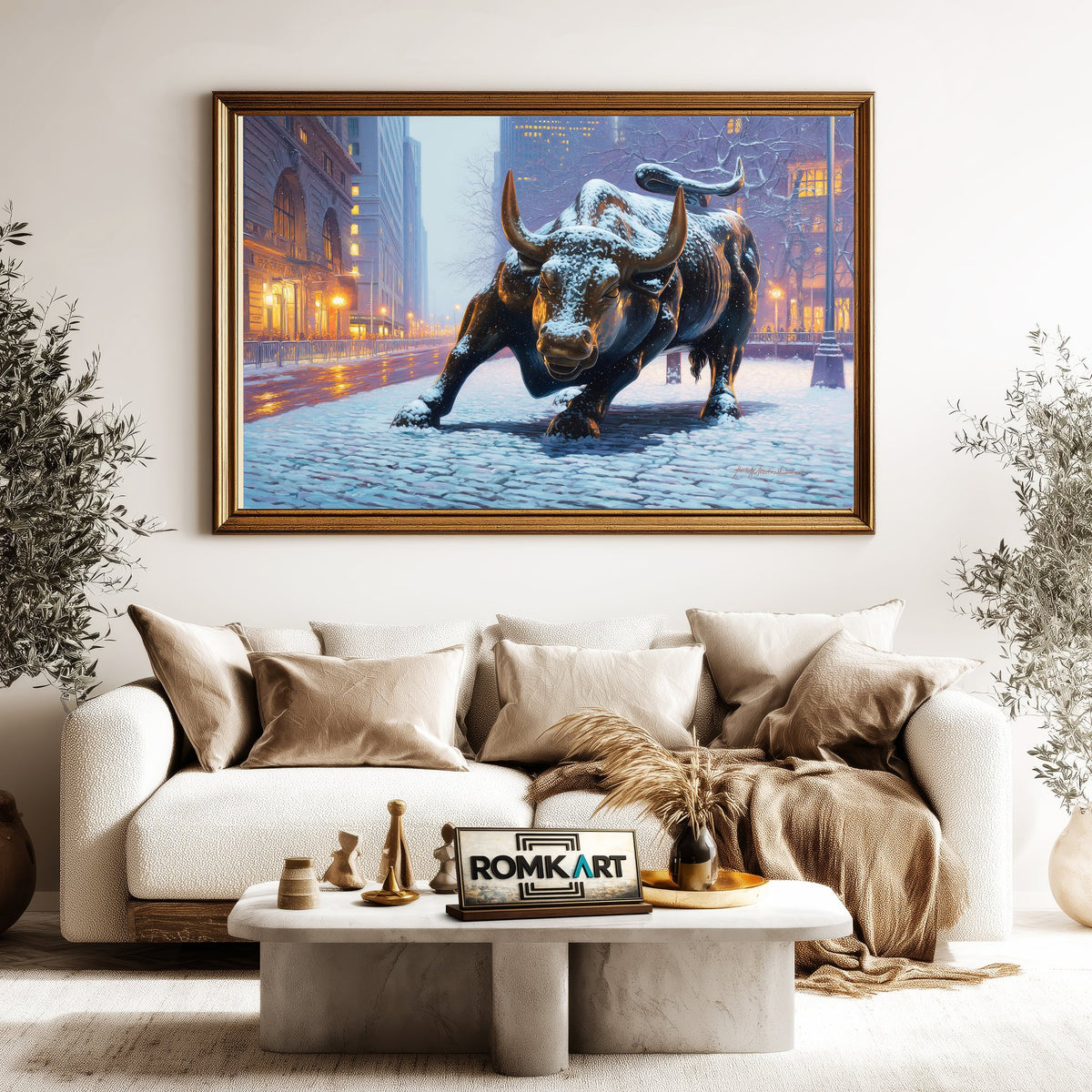 Charging Bull Fresh Snow Cityscape Oil Painting - image 5