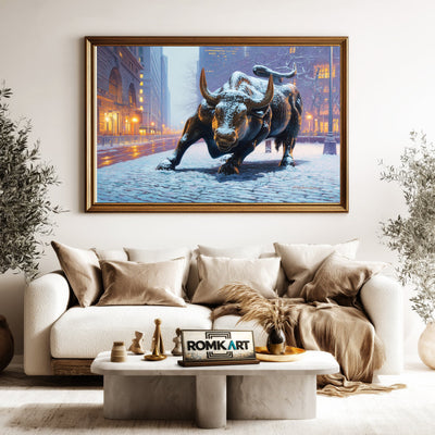 Charging Bull Fresh Snow Cityscape Oil Painting - image 5